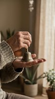 Elderly hands holding traditional meditation bell in cozy home interior with soft natural lighting and houseplants creating peaceful mindful atmosphere.