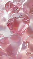 Glossy pink glass hearts floating in soft light with reflective surfaces and delicate shadows create romantic atmosphere for Valentine's Day designs and love concepts.