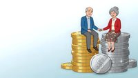 Senior couple sitting on stacks of gold and silver coins discussing retirement planning and financial security for elderly lifestyle.