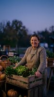 Smiling mature Caucasian female farmer in apron selling fresh organic vegetables at outdoor farmers market during evening twilight hours for healthy eating.