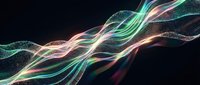 Abstract flowing waves with colorful light trails and particle effects on dark background for digital art and modern design projects.