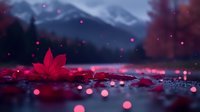 Red maple leaf floating on water surface with bokeh light effects and mountain silhouette in background creates dreamy autumn atmosphere.