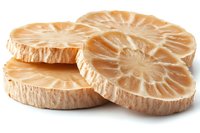 Fresh betel nut slices showing natural cross-section pattern, isolated on white background for culinary and botanical design projects.