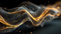 Abstract golden waves flowing with sparkling particles on dark background. Dynamic energy motion for luxury design projects and modern digital art.