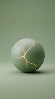 Cracked sage green sphere with golden lightning fractures on neutral background, symbolizing damage, repair, and resilience for design projects.