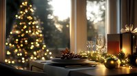 Festive table setting with plates and wine glasses near window, illuminated by warm Christmas tree lights and decorative ornaments creating cozy holiday atmosphere.