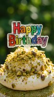 Birthday cupcake topped with crushed pistachios, white frosting, and a colorful Happy Birthday topper, set against a blurred green bokeh background.