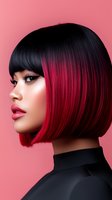 Asian woman with sleek bob hairstyle featuring dramatic black to red ombre coloring, wearing black turtleneck against pink background, profile view showcasing professional makeup.