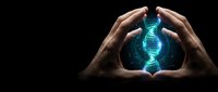 Hands framing glowing DNA helix structure against dark background, representing genetic research, biotechnology, and scientific innovation in medicine and healthcare.