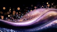 Magical purple and gold wave with sparkling particles and bokeh lights flowing on dark background creates dreamy cosmic atmosphere for festive designs.
