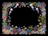 Underwater coral reef border frame with jellyfish, tropical fish, sea plants, and marine life isolated on transparent background. Ready for clipart, t-shirt design, stickers, print-on-demand products, and sublimation projects.