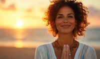 Woman with curly hair in prayer pose at sunset beach, wearing white tunic and statement necklace, radiating peace and mindfulness during golden hour.