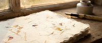 Handmade paper with natural flower petals and leaves embedded in texture, artisan craft material for creative projects and stationery design.