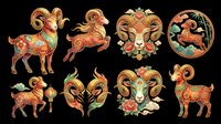 Ornate Chinese zodiac ram set with floral and gold details, isolated on transparent background. Great for stickers, sublimation, t-shirt design, and print on demand.