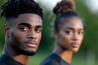 Young African American couple portrait outdoors with natural lighting and soft focus background for lifestyle and relationship concepts.