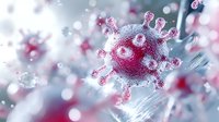 Microscopic view of red virus cell with spike proteins floating in blurred background with bokeh lights and water droplets, medical science visualization.
