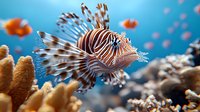 Red lionfish swimming near coral reef in tropical blue water, exotic striped venomous fish with spiky fins against blurred underwater marine background.
