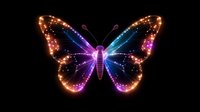 Luminous butterfly with glowing wings in vibrant neon colors against black background, featuring sparkling light effects and gradient transitions from orange to blue and purple.