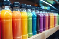 Colorful beverages in plastic bottles arranged in a row on retail shelf, displaying vibrant spectrum from orange through red, yellow, green, blue, purple and pink drinks for grocery or convenience store display.