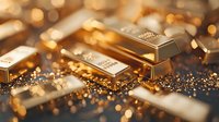 Fine gold bars on sparkling golden glitter background with soft bokeh lights creating luxury wealth concept for financial and investment markets.