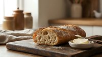 Freshly baked artisan bread loaf sliced on wooden cutting board with butter and kitchen utensils, ideal for bakery, food, and culinary content.