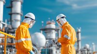 Two industrial workers in orange protective suits and safety helmets inspect equipment at chemical processing plant against blue sky and metallic pipes background.