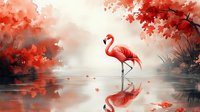 Pink flamingo standing in tranquil water with reflection, surrounded by red autumn foliage and falling leaves creating dreamy atmosphere in misty morning light.
