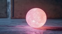 Glowing pink salt lamp sphere on textured surface emits soft ethereal light against dark background, creating mystical ambiance for wellness spaces.