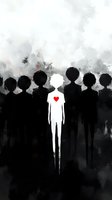 Minimalist artistic illustration showing white silhouette with red heart among black figures, representing uniqueness, love and standing out from crowd on dark background.