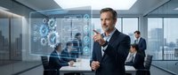 Mature male professional in dark business suit presenting digital technology interface with gear icons to corporate team in modern office with city skyline view.