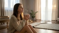 Young woman in cozy sweater enjoying morning coffee at home, sitting by window with warm natural light, peaceful domestic lifestyle moment.