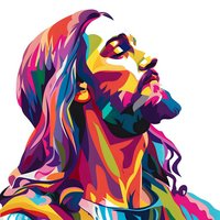Vibrant pop art portrait of young woman with flowing hair in profile, looking upward with expressive features rendered in bold rainbow colors on white background.