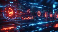 Futuristic digital interface with glowing red and blue data visualization elements showing graphs, charts and warning symbols on dark technological display panels.