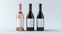 Wine bottles with blank labels on light background, featuring rose and red varieties arranged in minimalist composition for mockup and branding design purposes.