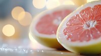 Fresh cut pink grapefruit halves with juicy pulp on blurred bokeh background, macro view showing citrus texture and natural moisture droplets.