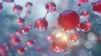 Molecular structure with red spheres connected by bonds against blurred blue background with glowing light effects and bokeh creating scientific atmosphere.