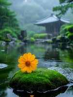 Bright yellow daisy on moss-covered stone during rainfall, zen garden pond backdrop with traditional architecture, moody atmosphere creates peaceful nature scene.