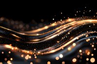 Magical golden light waves flow with sparkling particles against dark background, creating luminous energy streams with glowing bokeh effect and shimmering dots.