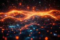 Abstract cosmic landscape with glowing orange and blue waves of light against starry dark background, creating magical nebula-like formation with luminous particles.
