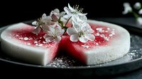 Sliced watermelon panna cotta dessert decorated with fresh white cherry blossoms and powdered sugar on dark plate, close up view of modern gourmet cuisine.