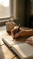 Person writing in notebook by window with steaming coffee cup, warm natural light, journaling or creative writing scene for lifestyle, productivity, wellness, and mindfulness content.
