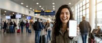 Happy young woman showing blank smartphone screen at busy airport terminal with travelers and luggage in background for travel apps and mobile services.