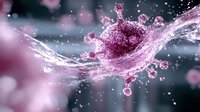 Pink liquid splash with floating droplets and particles creating dynamic motion effect against dark background with bokeh lights and soft focus elements.