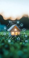 Miniature glowing house model surrounded by smart home network icons on natural green background, illustrating connected home automation and IoT technology concept.