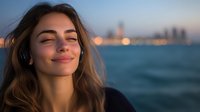 Young Caucasian woman with closed eyes and gentle smile enjoying sunset by ocean, wind in her long brown hair, wearing dark sweater against blurred city skyline.