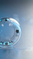 Futuristic transparent sphere with embedded circuit board and microchips on gradient blue background for technology and innovation concepts.