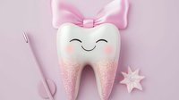Cute cartoon tooth with pink glitter and bow, dental mirror and star on pastel pink background. Kawaii style dental care concept for children.