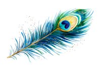 Vibrant watercolor peacock feather with blue, green, and gold tones on white background, isolated for design projects.