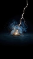 Dramatic lightning bolt strikes water surface creating bright sparks and blue smoke clouds against dark stormy sky background for energy concepts.