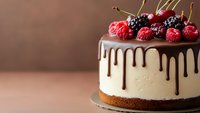 Decadent cheesecake topped with chocolate drip and fresh berries on brown background. Elegant dessert garnished with raspberries, blackberries and cherries.